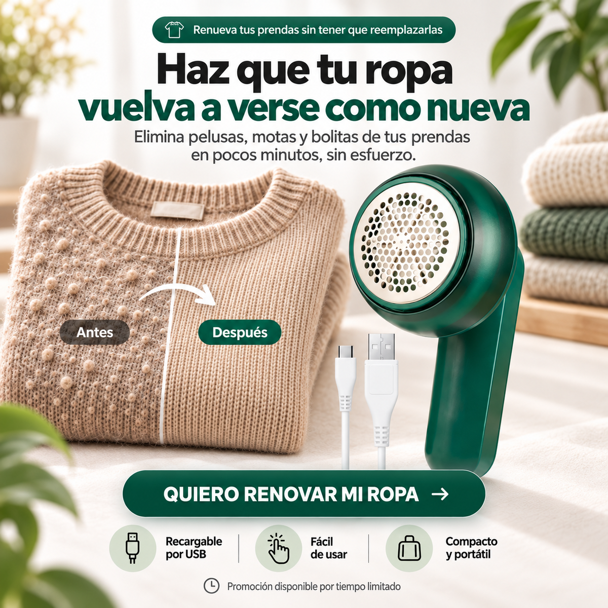 Quita Pelusas para Ropa Recargable USB